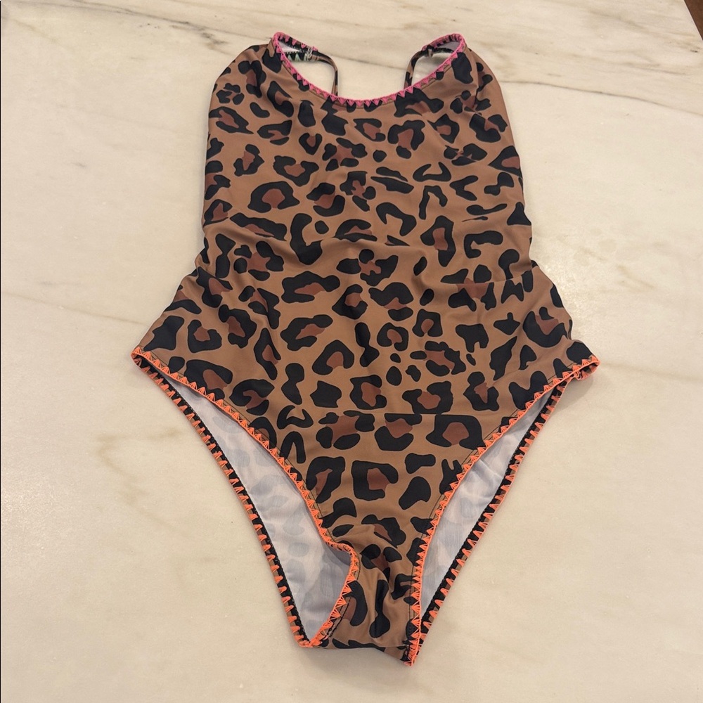 Leopard Print One-Piece Swimsuit with Neon Trim worn once